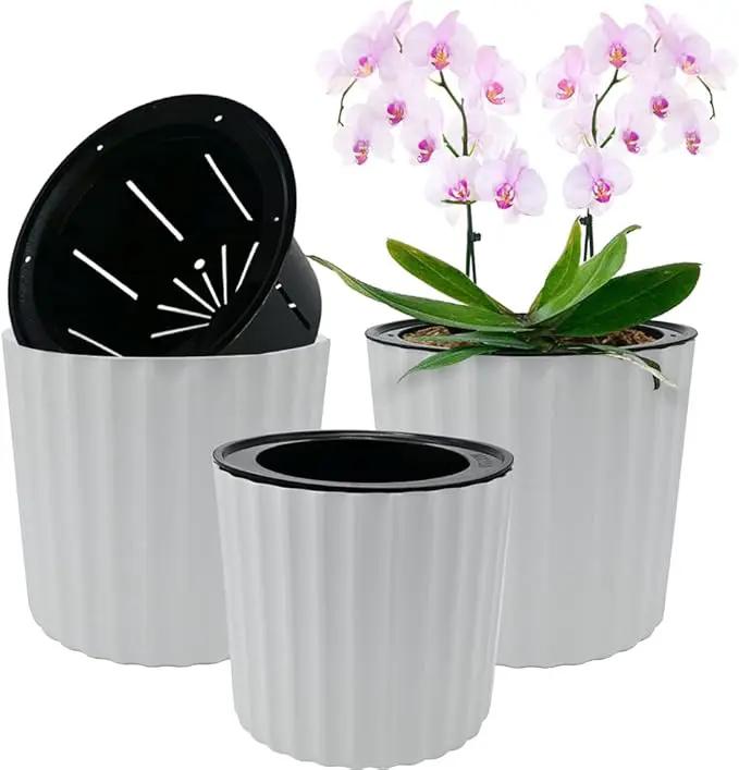 MUZHI Orchid Pot with Slotted Mesh and Holes, Plastic Round Self Watering Planter for Indoor Plants,Flowers,Herbs 3sets and 2sizes, White 7 inch by GreenHaven Gardens