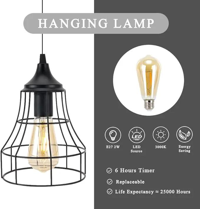 JHY DESIGN Hanging Lamp Black Battery Powered Decorative Pendant Lamp Metal Cage Battery Lamp with 6 Hours Timer for Bar Bedroom Garden Parties Patio Indoor Outdoor Living Room(Geometry) by GreenHaven Gardens