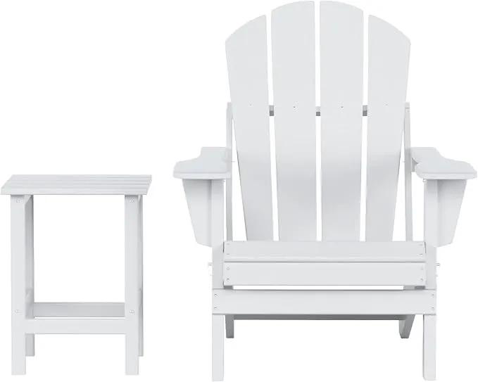 WO Home Furniture Adirondack Chair Table Set of 2 PCS Outdoor Folding Chair w Side Table Weather/UV Resistant for Lawn, Garden, Bon Fire, Balcony (White) by GreenHaven Gardens
