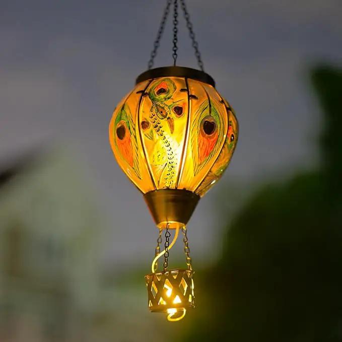 Peacock Hot Air Balloon Solar Lantern with Flickering Flame,Glass Hanging Solar Lanterns Outdoor Waterproof,Hot Air Balloon Decorative Lights for Patio Porch Yard Decor,Peacock Gifts for Women