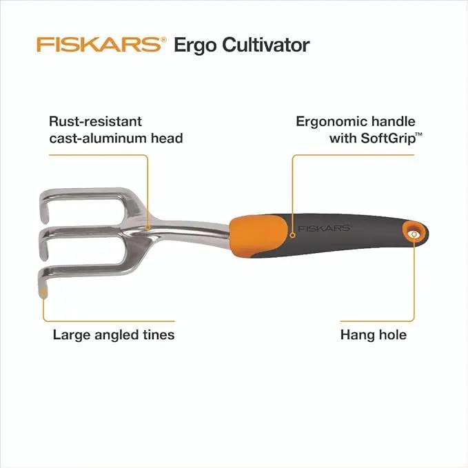 Fiskars Ergo Cultivator for Digging, Aerating Soil, and Weeding, Heavy Duty Garden Tool with Hanging Hole by GreenHaven Gardens