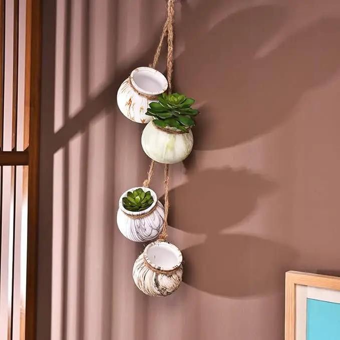 SOUJOY 6 Pack Hanging Succulent Planters, 4'' Mini Ceramic Wall or Ceiling Mount Dangling Plant Pot, Hanging Flower Pot with Jute Rope for Indoor Outdoor Decor, Light Beige by GreenHaven Gardens
