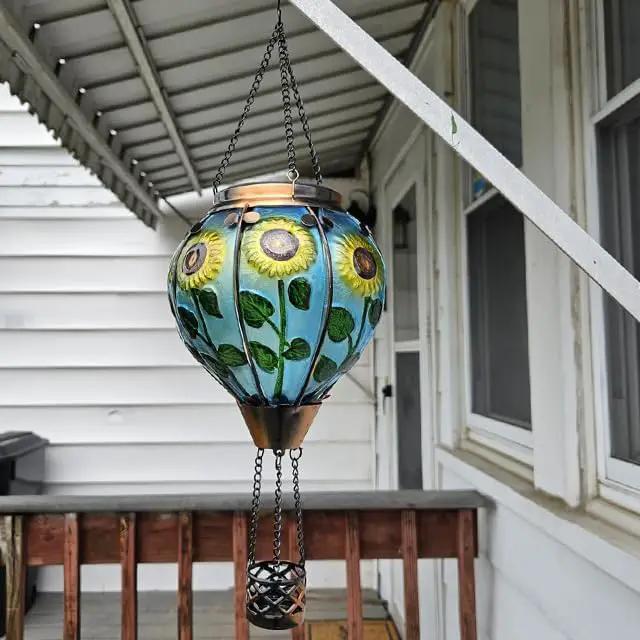 2PCS Solar Hot Air Balloon Lanterns with Flame with Shepherd's Hooks, Glass Hanging Flickering Lights Outdoor Waterproof for Garden Tree Yard Patio Mother's Day Gift, 18" H Sunflower by GreenHaven Gardens