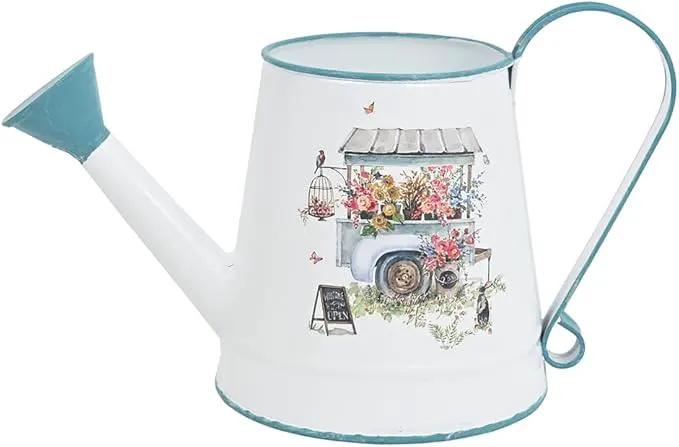 Cute Small Watering Can Indoor Plants Garden Metal Decorative Watering Cans for Outdoor Plants Bonsai Outdoor Garden Flower Decorative (White Blue, 1.5L, 50.7 Oz)