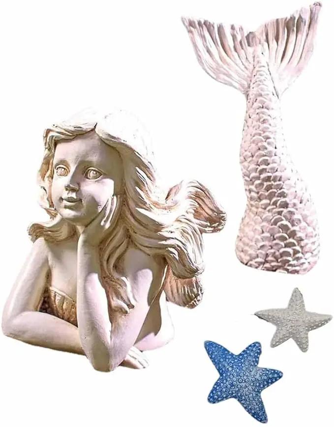 BGBWBFBR Handmade Mermaid Statue Set with Blue and White Starfish: A Beautiful Addition to Your Home Décor, ry-001 by GreenHaven Gardens