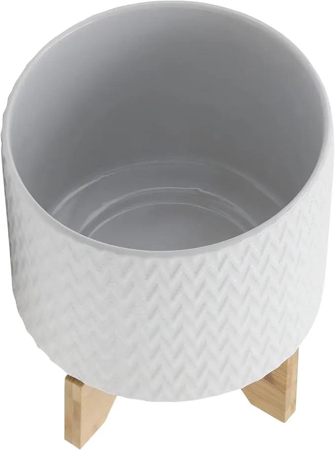8" Ceramic Planter on Wooden Bamboo Stand - Contemporary White Chevron Design for Indoor or Outdoor Plants, Succulents, Cactus by GreenHaven Gardens