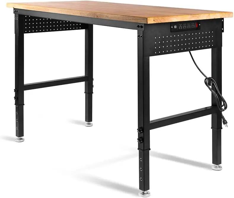 Adjustable Height Workbench, Heavy Duty Table Rubber Wood Workstation with Power Outlet & Pegboard for Garage, Office, Workshop, Home,Commercial (48"×24") by GreenHaven Gardens