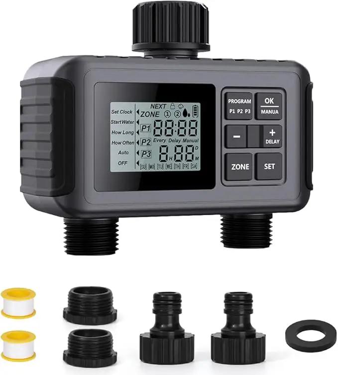 Uzoli SGW07 Sprinkler Timer, Water Timer for Garden Hose, Programmable Hose Timer 2 Outlet with Rain Delay, Manual, Auto System Controller, IP55 Waterproof Drip Irrigation Timer for Yard, Lawn, Pool by GreenHaven Gardens