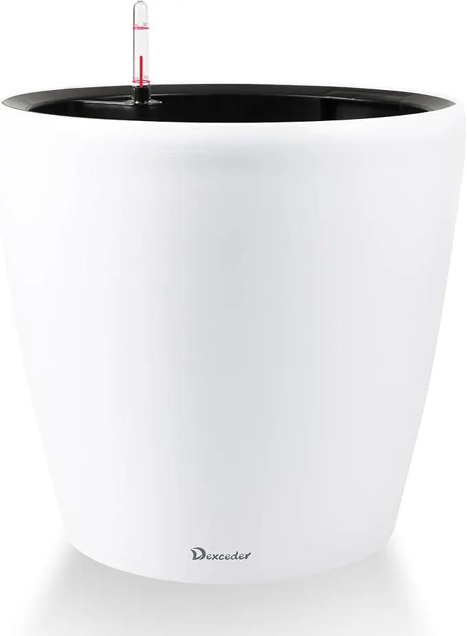 Dexceder 13x12 Self Watering Planter with Wheels Indoor Outdoor, Inner Pot Design, Thickened Large Floor Standing Flower Plant Pot with Water Level Indicator (White Matte) by GreenHaven Gardens