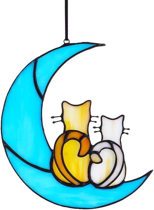 HDCRYSTALGIFTS Couple Cat Sitting on Moon Stained Glass Window Hanging, Modern Art Suncatcher for Window, Wall Decor,Cat Lover Gifts for Women/Girls by GreenHaven Gardens