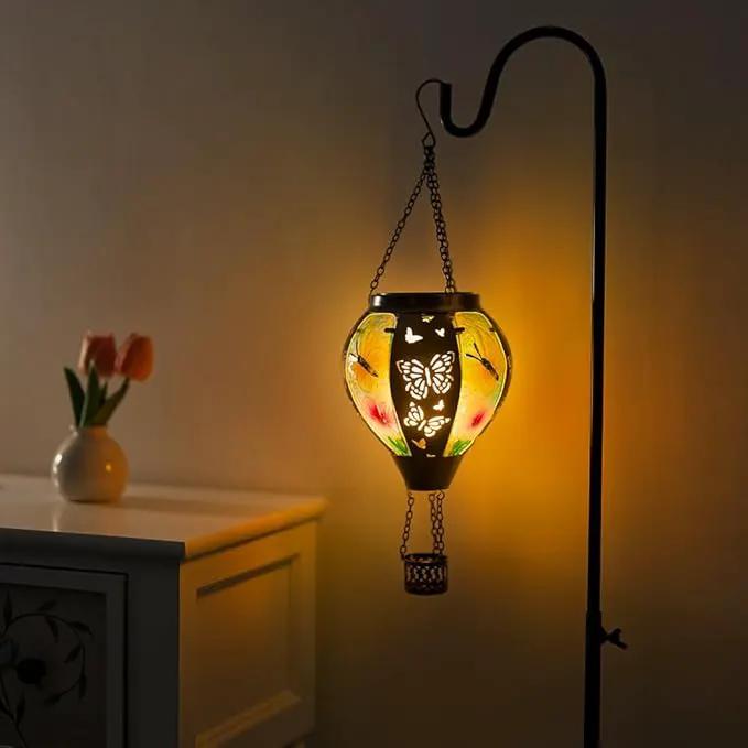 DREAMSOUL Butterfly Hot Air Balloon Solar Lantern, Glass & Metal Outdoor Lantern Hanging Solar Lanterns Outdoor Waterproof for Garden Patio Party by GreenHaven Gardens