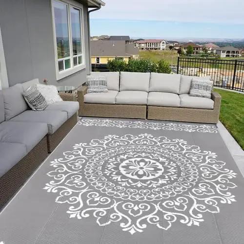 Pauwer Waterproof Outdoor Rug 8x10, Reversible Plastic Straw Patio Camping Rug, Indoor Outdoor RV Mat Carpet for Deck, Camper, Porch, Balcony, Backyard, Picnic, Floral Grey by GreenHaven Gardens