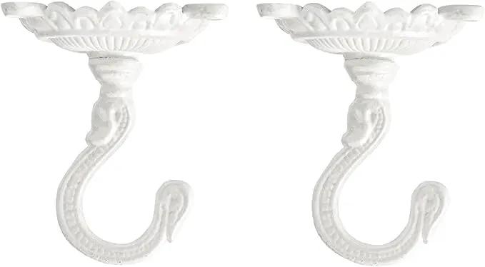 Sungmor Heavy Duty Ceiling Hooks for Hanging Plants, 2PC White 3.5x3.9Inch Large Cast Iron Ceiling Hooks, Antique Decorative Ceiling Swag Hooks for Hanging Planter Chandelier Wind Chime Lantern Hanger by GreenHaven Gardens