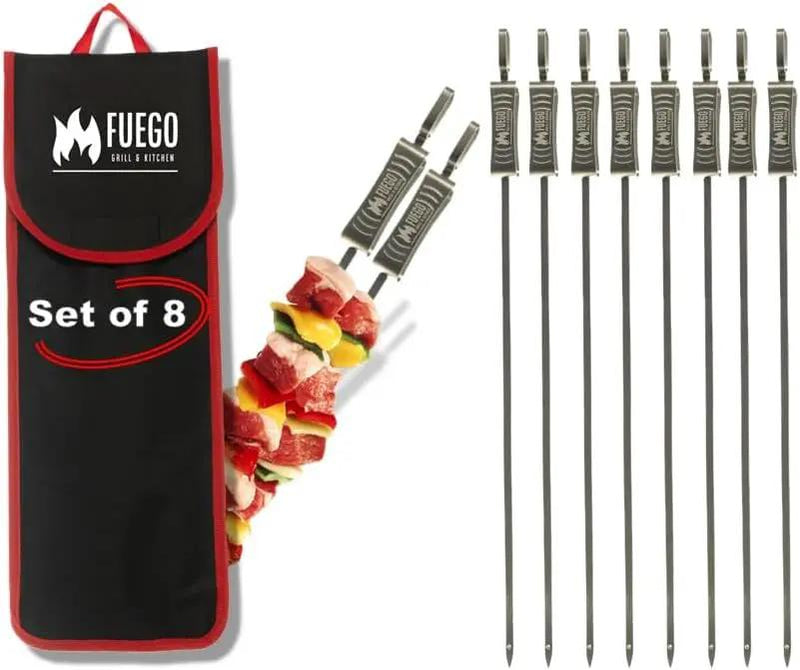 Fuego Skewers for Grilling - 17" Stainless Steel Flat Blade with Push Slider | Reusable & Dishwasher Safe | BBQ Skewers and Shish Kabob | Set of 8 by GreenHaven Gardens