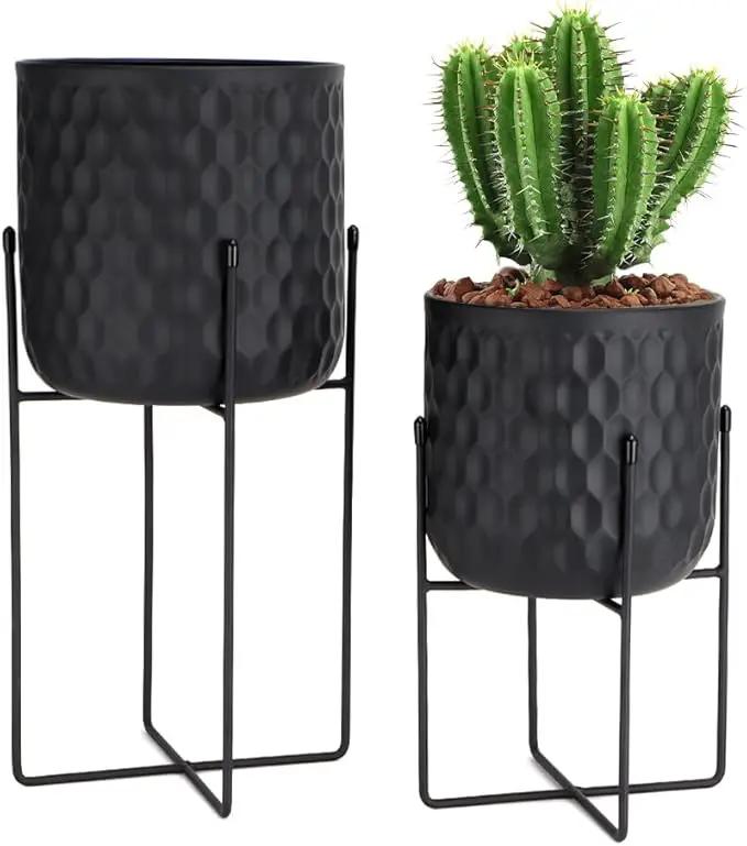 TRIROCKS Set of 2 Planters with Stand Indoor Outdoor Metal Plant Stand 8 * 18 &7 * 12 "Modern Planters Flower Pots for Living Room Corner Kitchen Office Garden Balcony Patio Decor(Black) by GreenHaven Gardens