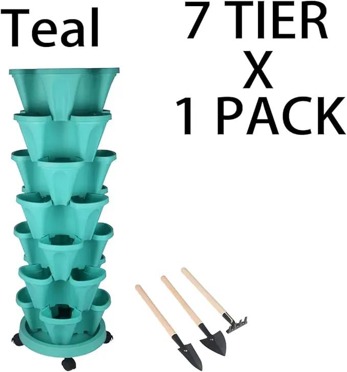 Vertical Planter 7 Tier Stackable Planters Garden Planters Strawberry Herb Flower and Vegetable Planter Indoor Outdoor Gardening Pots with Removable Wheels and Tools by GreenHaven Gardens