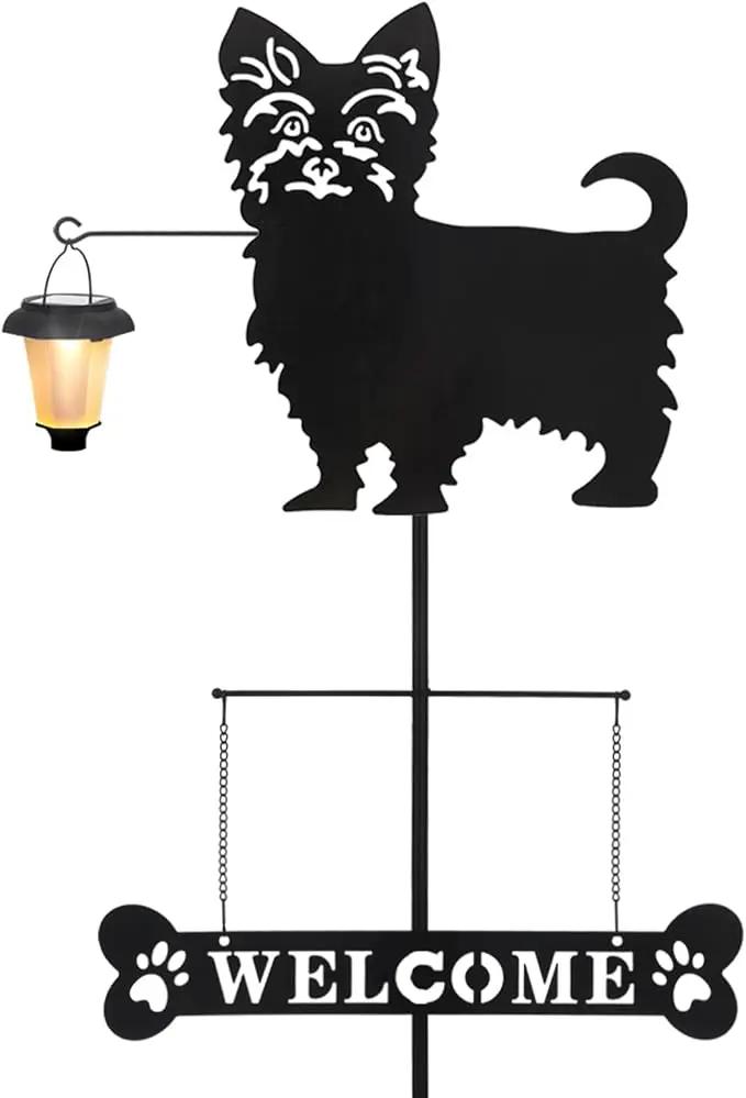 BAYN Solar Yorkie Silhouette Dog Breed Welcome Sign with a Lantern Outdoor Decorative Garden Stakes for Yard, Lawn, Patio, Pathway by GreenHaven Gardens