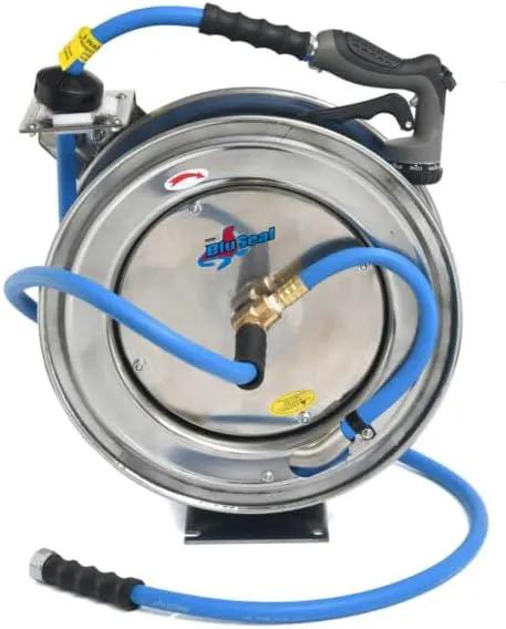 Auto Retractable Water Hose Reel with Hot & Cold Water Rubber Garden Hose, Spray Nozzle - Ultra Light, Super Strong with 6' Lead-in Hose (1/2" x 50' Stainless Steel) by GreenHaven Gardens