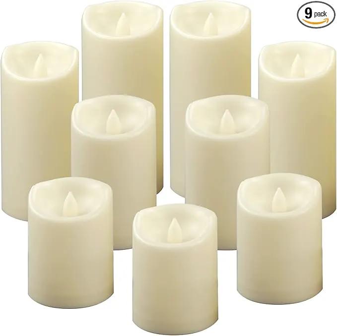 CANDLE CHOICE Waterproof Outdoor Battery Operated Flameless Pillar Candles with Timer White Plastic Realistic Flickering Electric LED Lights for Lantern Garden Wedding Christmas Decorations 9 Pack by GreenHaven Gardens
