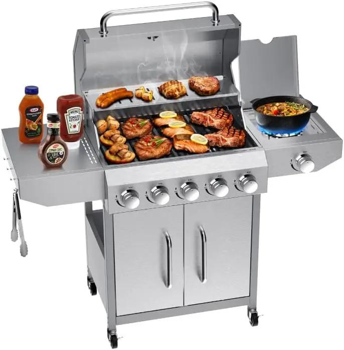 Bestfire 68,000 BTU 5 Burner Propane Gas Grill with Side Burner-Professional-Grade Stainless Steel Outdoor BBQ Grill-647 sq in Cooking Space&Porcelain Cast Iron Grrates-Patio Cart Design for Backyard by GreenHaven Gardens