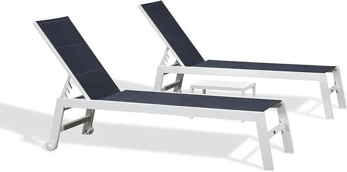 PURPLE LEAF Outdoor Chaise Lounge Set Oversize Adjustable Sunbathing Recliner Extra Wide Lounge Chairs with Side Table for Poolside Beach Outside Patio Aluminum Chaise Lounger Navy Blue by GreenHaven Gardens
