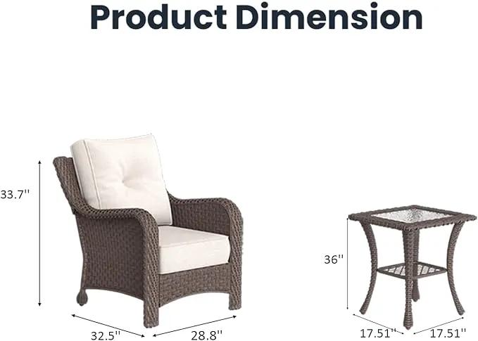 3 Pieces Outdoor Patio Furniture Sets with Single Chairs with 6-inch Thick Cushion and Side Table for Deck Lawn by GreenHaven Gardens