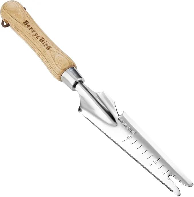 Berry&Bird Garden Hand Weeding Trowel, Stainless Steel Weeder Tool for Gardening with Wooden Handle, Multifunctional Manual Weed Puller & Digging Knife for Planting Transplanting Cutting Measuring by GreenHaven Gardens