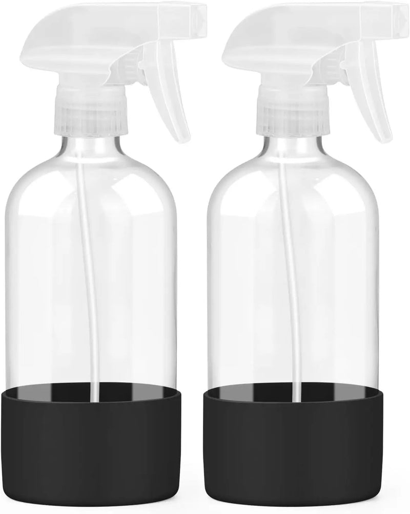 2 Pack Glass Spray Bottles with Silicone Sleeve, 16 oz Empty Refillable Containers with Adjustable Spray Nozzles, Spray Bottles for Hair, Cleaning Solutions and Plants Black by GreenHaven Gardens