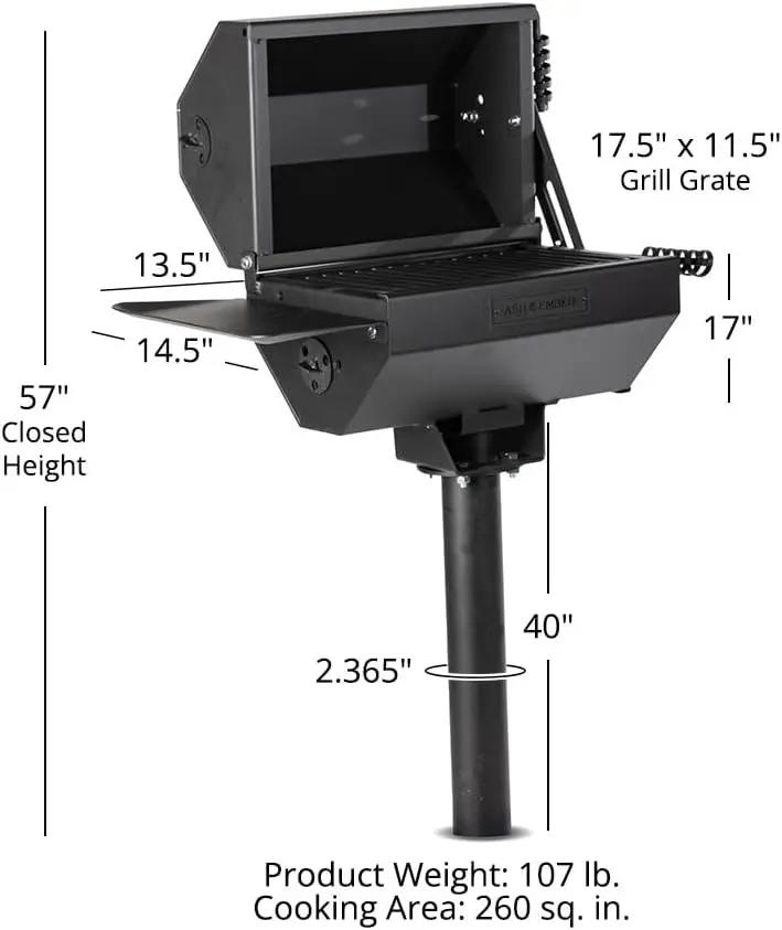 Ash & Ember Park-Style Grill/Smoker, 260 Sq In Charcoal Grill with Cover, 17.5"x11.5" Grate, Side Shelf for Food Prep, Single Post Permanent Park-Style Grill for Outdoor Backyard BBQ by GreenHaven Gardens