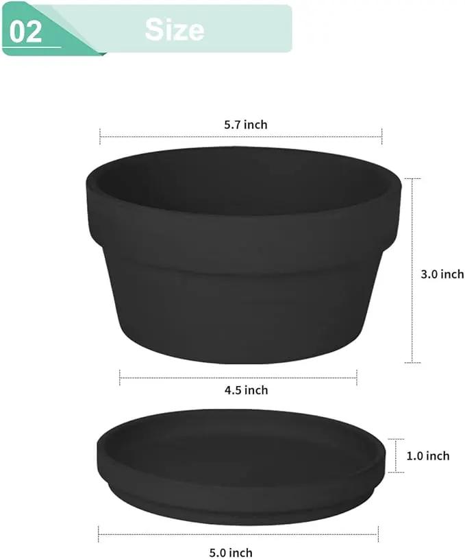 vensovo 5.7 Inch Black Terracotta Shallow Succulent Pots - 6 Pack Terra Cotta Clay Pot with Saucer, Cacuts Indoor and Outdoor Planters with Drainage Hole by GreenHaven Gardens
