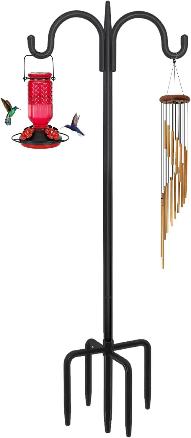 FEED GARDEN Adjustable Double Shepherds Hook for Outdoor with 5 Prong Base 108 Inch Heavy Duty Two Sided Bird Feeder Pole for Hanging Plant Baskets, Solar Light Lanterns, Wind Chimes by GreenHaven Gardens