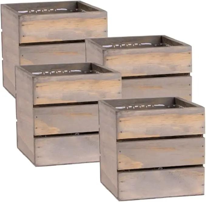 Wood Planter Box with Wine Crate Styled, 5 Inch Square, Rustic Barn Wood, Plastic Liner, Wedding Flowers Holder, Home and Venue Decor, (5x5 Wine Crate Set of 4) by GreenHaven Gardens