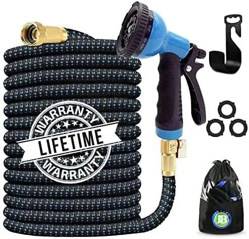 J&B XpandaHose 100ft Expandable Garden Hose with Holder - Heavy Duty Superior Strength 3750D - 4 -Layer Latex Core - Extra Strong Brass Connectors and 10 Spray Nozzle w/Storage Bag (Blue 100) by GreenHaven Gardens