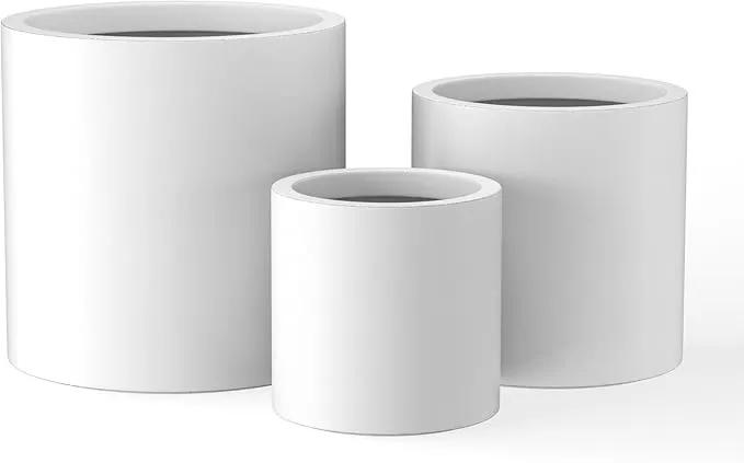 Kante RC0119ABC-C80011 Set of 3 Lightweight Concrete Modern Cylinder Outdoor Planters, 15.8, 12.9 and 9.8 Inch Diameter, Pure White by GreenHaven Gardens