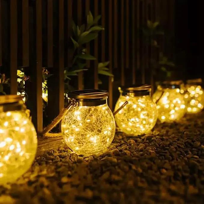 Solar Crackle Glass Hanging Lanterns, 5.5 in Height, IP65 Waterproof, 30 LED Lights, 2-Pack, Warm White by GreenHaven Gardens