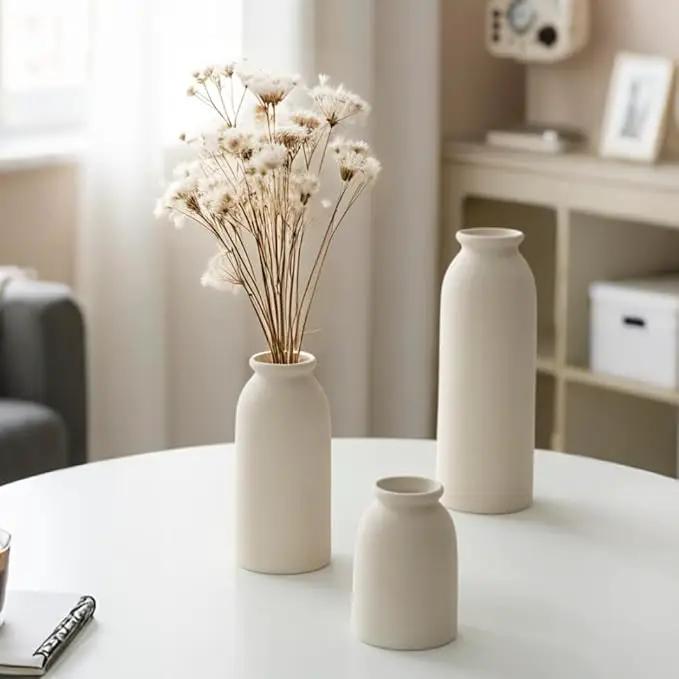 Ceramic Vase Set-3, Small Flower Vases for Decor, Modern Boho Farmhouse Style, Decorative Vases for Pampas Grass & Dried Flowers, Distressed Finish (Beige) by GreenHaven Gardens