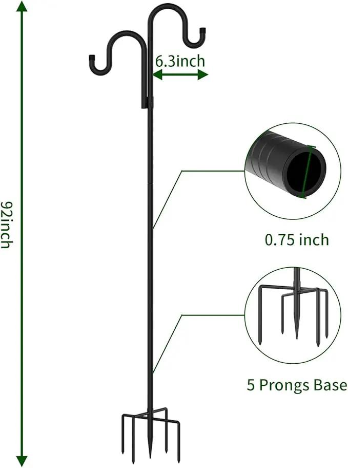 Double Shepherds Hooks for Outdoor, Bird Feeder Pole with 5 Prongs Base, Heavy Duty Garden Hook for Lantern, Wind Chime and Hummingbird Feeder, 92 Inch, 2 Pack by GreenHaven Gardens