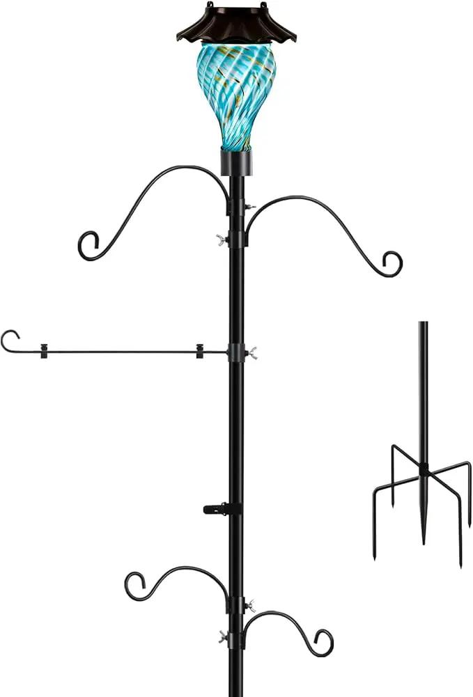 Solar Shepherds Hooks with Hand Blown Glass Lamp, Decorative RGB Lights, 4 Hooks & 1 Flag Holder, Heavy Duty Pole for Hanging Hummingbird Feeder, Bird Feeder, Wind Chime, Plant, Lantern (Teal) by GreenHaven Gardens