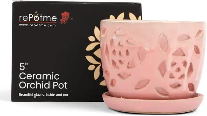 rePotme Orchid Pot - 5 inch Floral Cutout Ceramic Orchid Pot with Holes (Cream Over Cotton Candy) - Includes 5 inch Slotted Pot Liner by GreenHaven Gardens