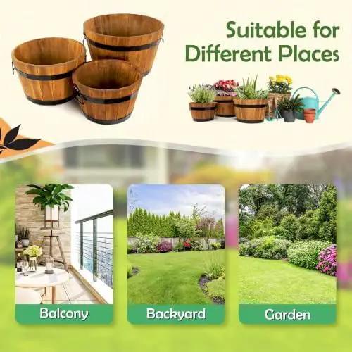 IDZO Set of 3 Wooden Upgraded Brown Orange Flower Boxes Outdoor, Durable Acacia Wood Barrel Planters for Outdoor Plants with Ergonomic Handles, Drainage Holes, Multiple Sizes Wood Bucket Planter by GreenHaven Gardens