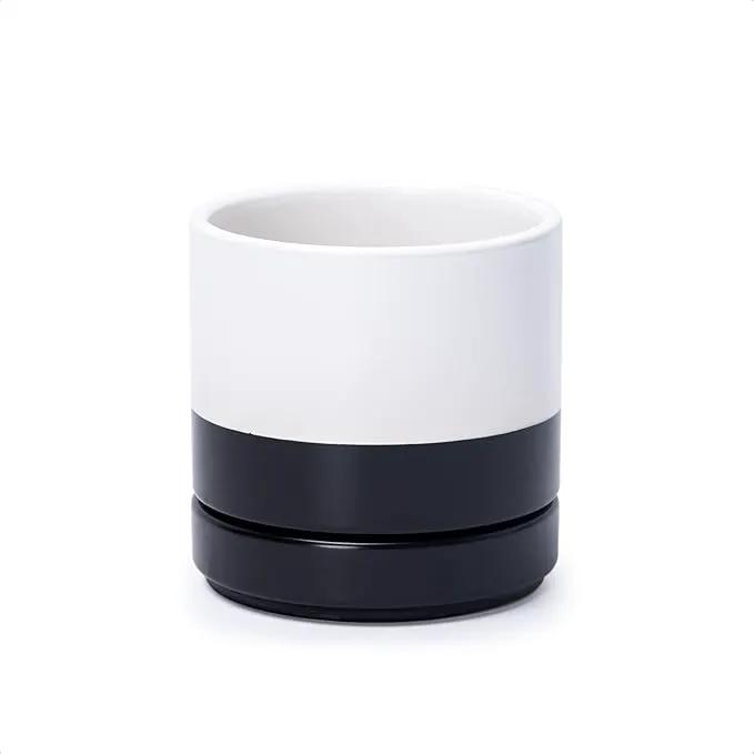 D'vine Dev 4.6 Inch Ceramic Planter Pot with Drainage Hole and Saucer, Indoor Cylinder Round Planter Pot, Layered Monochrome Black & White, 94-O-B-L by GreenHaven Gardens
