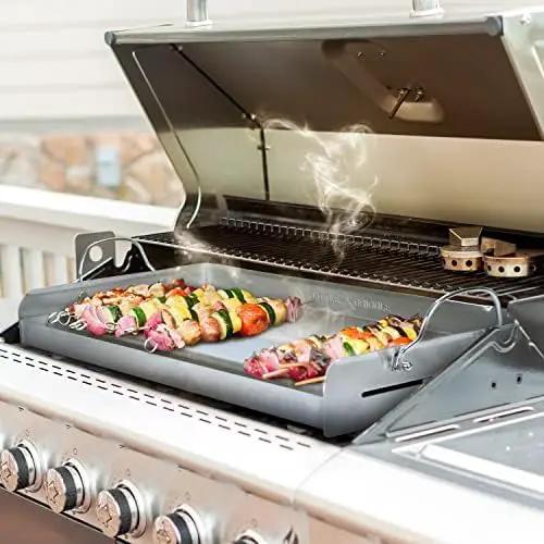 LITTLE GRIDDLE 100% Stainless Steel Griddle with Even Heat Cross Bracing and Removable Handles - For Grills, Camping, Tailgating, Silver, 25" x 16" x 6.5" by GreenHaven Gardens