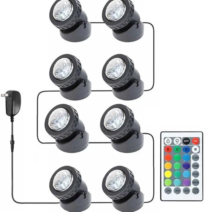 RGB Pond Lights, Underwater LED RGB Colored Fountain Lights IP68 Waterproof Spotlight Timing Adjustable Submersible Spot Lights for Fish Pond Garden Waterfall (Set of 8) by GreenHaven Gardens
