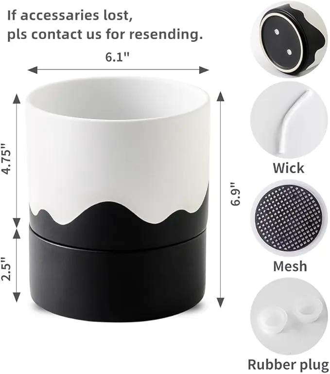 Nihow Self Watering Plant Pot: 6 Inch Ceramic Planter with Drainage Hole & Water Storage Plus for Indoor & Outdoor Plants - Cylinder Round Flower Pot for Succulent/Herbs/Violets - White & Wave Black by GreenHaven Gardens