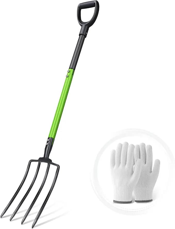 GARDENWORK Garden Fork,Pitchfork for Garden Digging Compost Spading,4-Tines Pitch Fork with Steel Handle and Strengthen Fork Head 45inches (with Protective Gloves) by GreenHaven Gardens