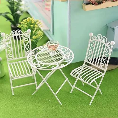 Dollhouse Miniature Bistro Table & Chairs Set Accessories Metal 1:12 Scale Miniatures White Coffee/Tea Furniture Fairy Garden Cute Rustic Elegant Decorations Ornaments (C) by GreenHaven Gardens