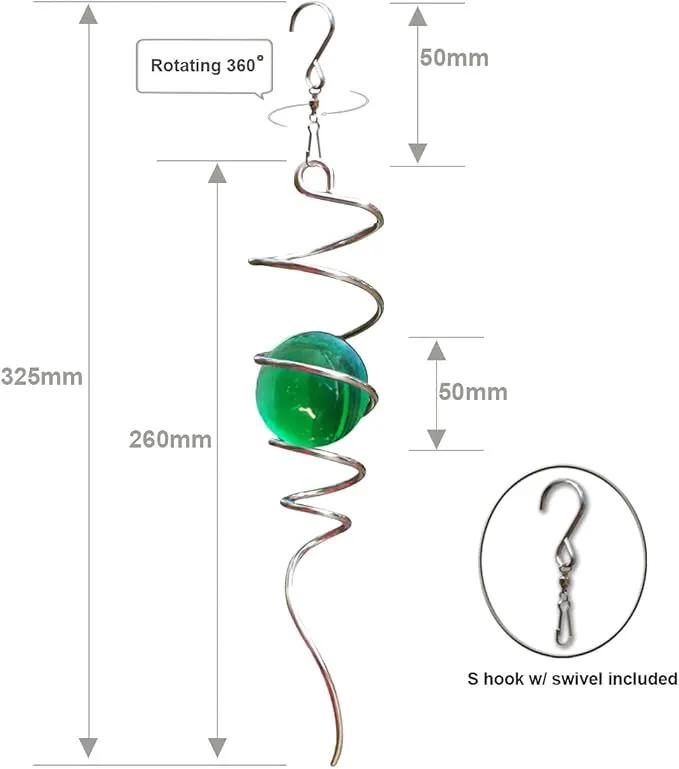 FONMY Gazing Ball Spiral Tail Wind Spinner Stabilizer with Swivel Hook 11inch Stainless Steel Tail and 2 inch Green Glass Orb. Indoor Outdoor Garden Decoration Hanging Ornaments 13 inch Height by GreenHaven Gardens