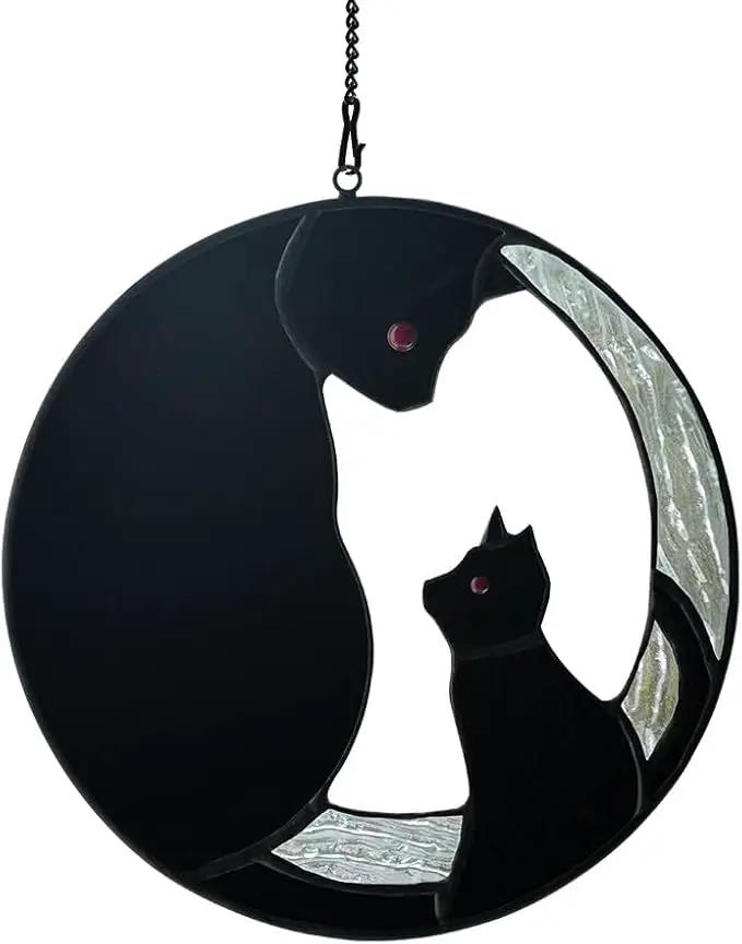 Black Cat Decor Stained Glass Window Hanging,Funny Cat Gifts for Cat Lovers Stained Glass Suncatcher for Window,Two Black Cat Decor Cat Themed Gifts for Women Mom Grandma by GreenHaven Gardens