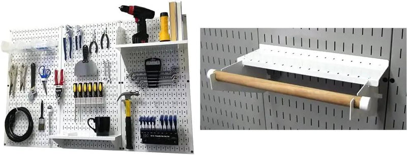 Wall Control Pegboard Organizer 4 ft. Metal Pegboard Standard Tool Storage Kit & Pegboard Paper Towel Holder and Dowel Rod Pegboard Shelf Assembly for Pegboard and Slotted Tool Board – White by GreenHaven Gardens