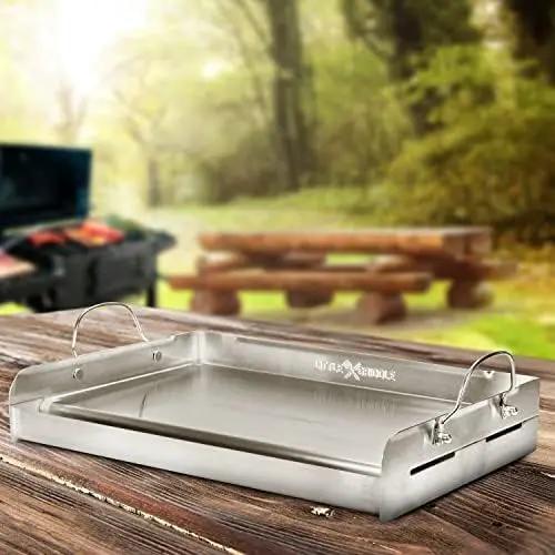 LITTLE GRIDDLE 100% Stainless Steel Griddle with Even Heat Cross Bracing and Removable Handles - For Grills, Camping, Tailgating, Silver, 25" x 16" x 6.5" by GreenHaven Gardens